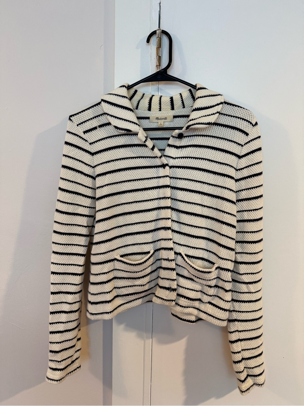 Madewell Cream and Black Striped Knit Cardigan with Pockets